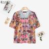 ZANZEA Women Summer Lace Splice V-Neck Short Sleeve Floral Print Blouse
