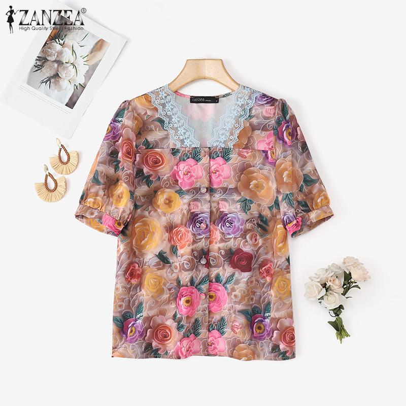ZANZEA Women Summer Lace Splice V-Neck Short Sleeve Floral Print Blouse