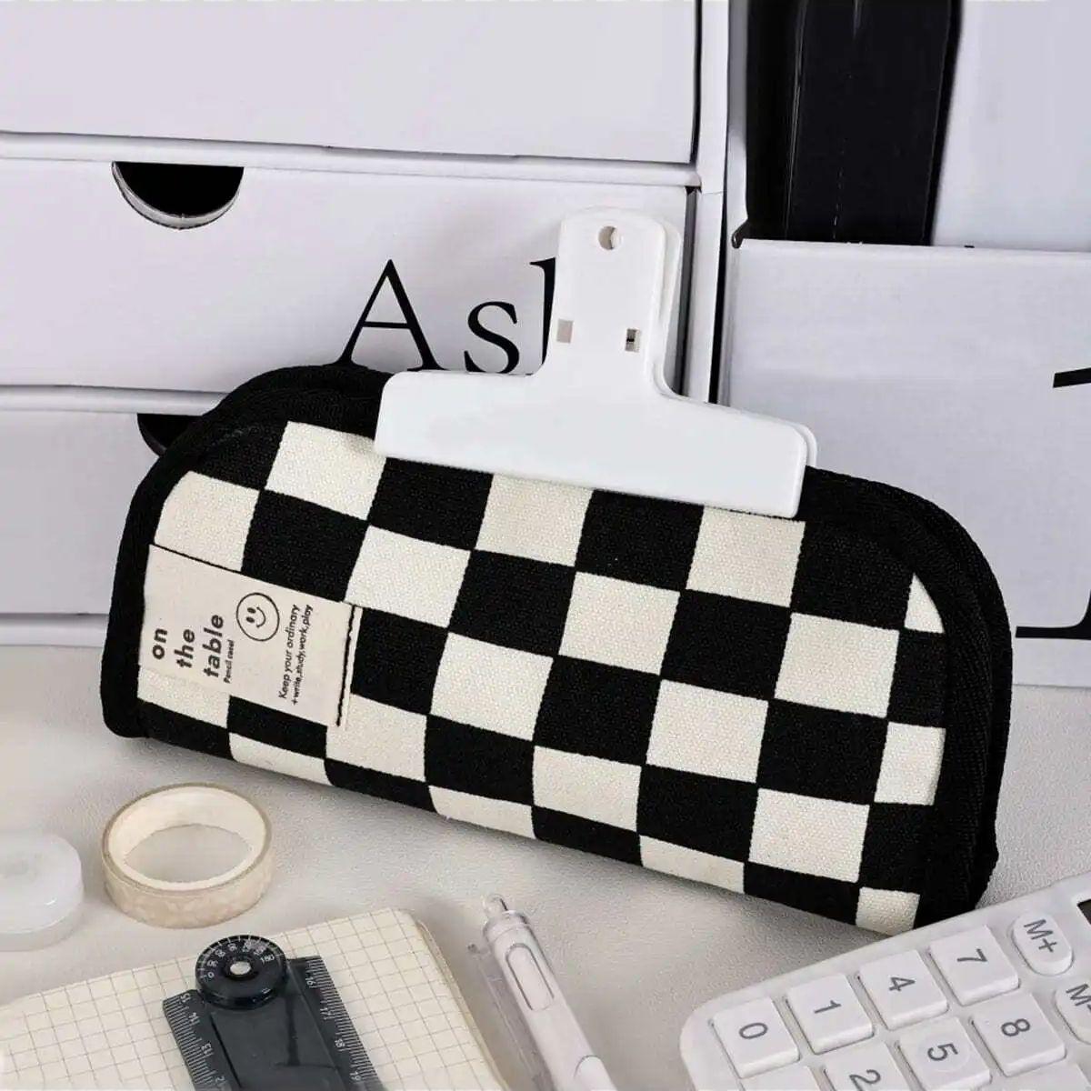 

1pc Black Checkerboard Grid Large High Value Storage Pencil Bag Stationery Box чёрный