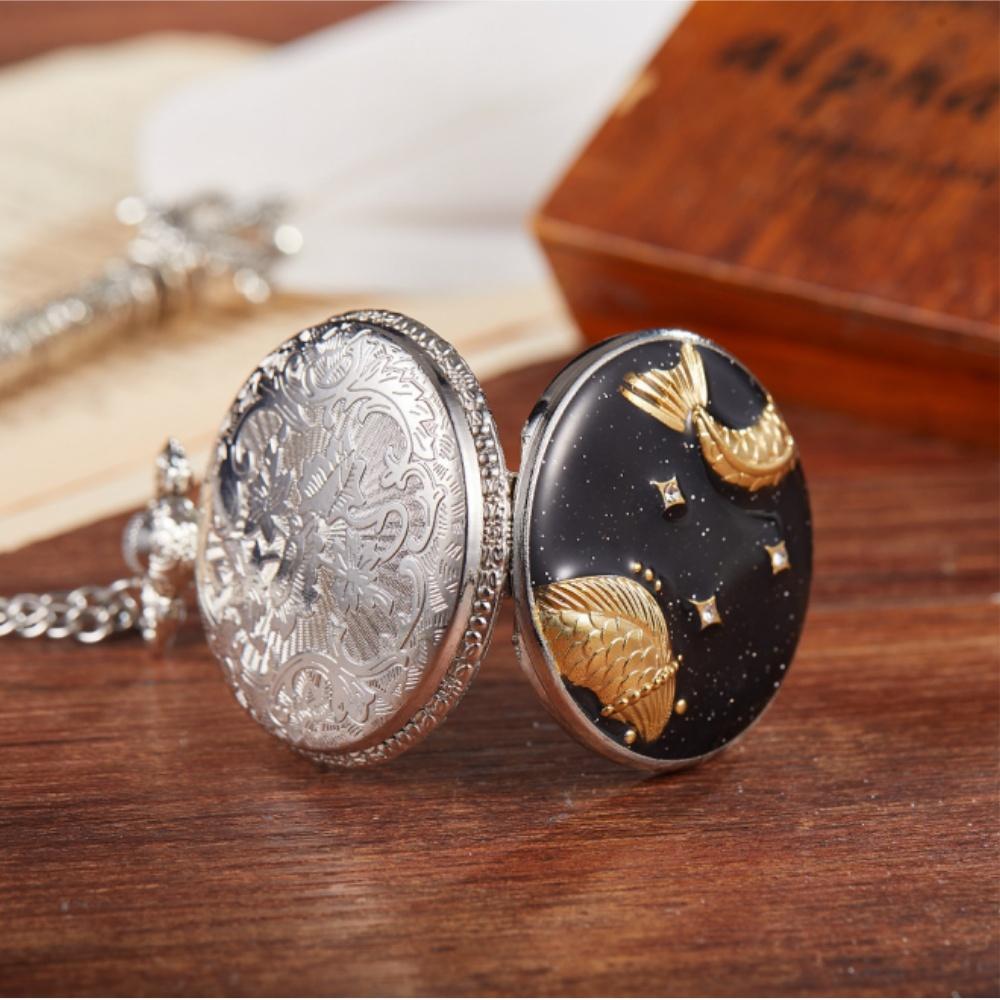 Star Moon Quartz Necklace Inlaid Pocket Watch Pendant Chain for Male Women
