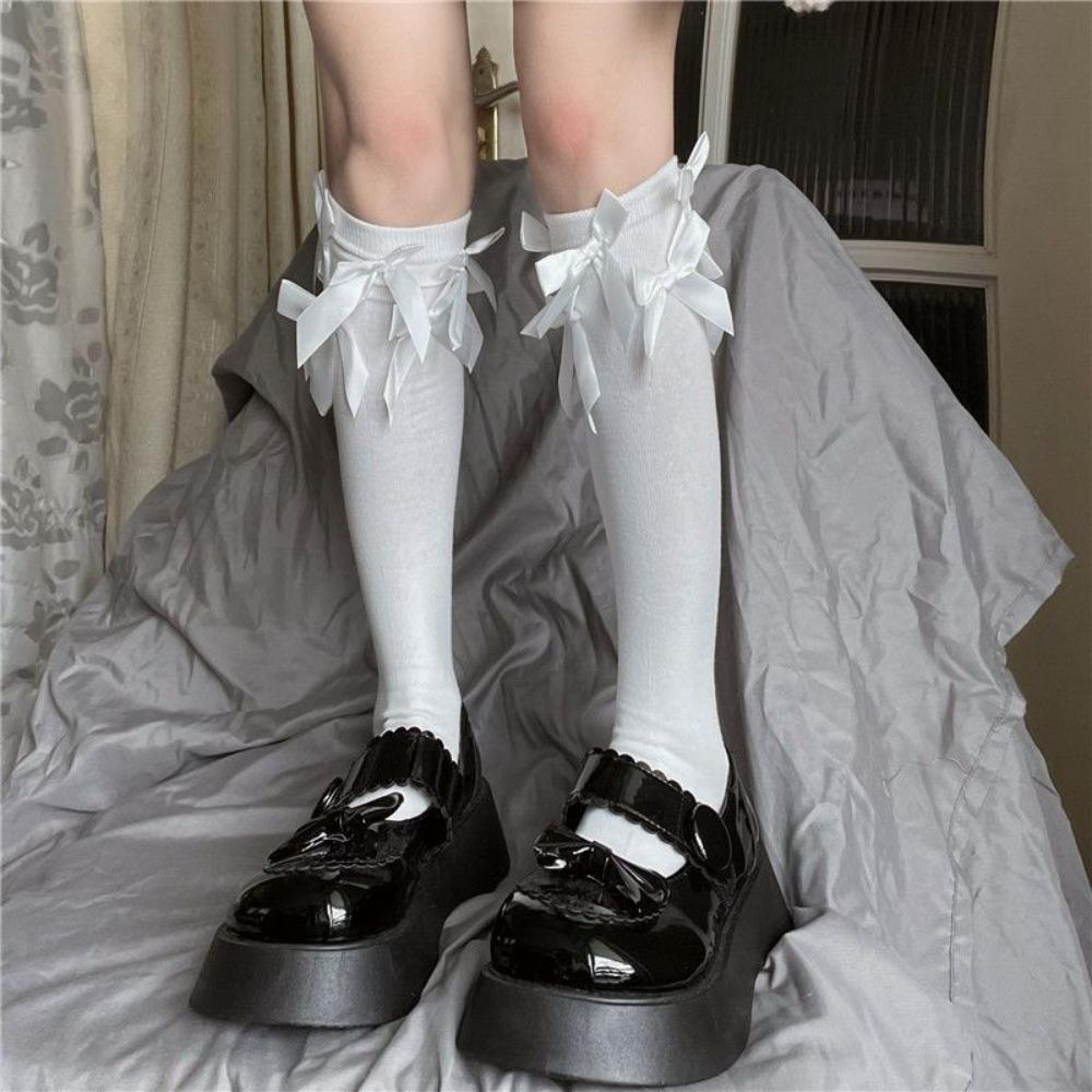 Multiple Bow Tube Socks Children Summer Thin Cute Japanese Design Sense Black Jk Calf Socks Babes