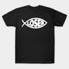 Men Black Print T-shirt 'Loser' Slacker 90S Jesus Fish No-Cut Transfer Paper Print Cotton Tshirt