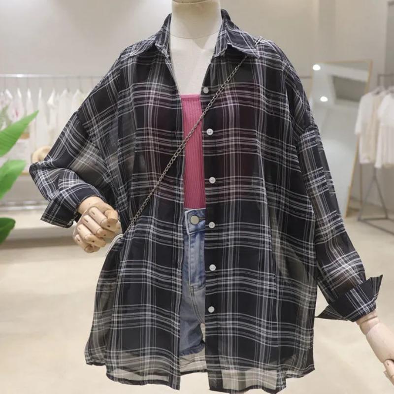 

2025Тонкий Свободный Дышащий Средней длины Тонкая Клетчатая Солнцезащитная Рубашка XL чёрный