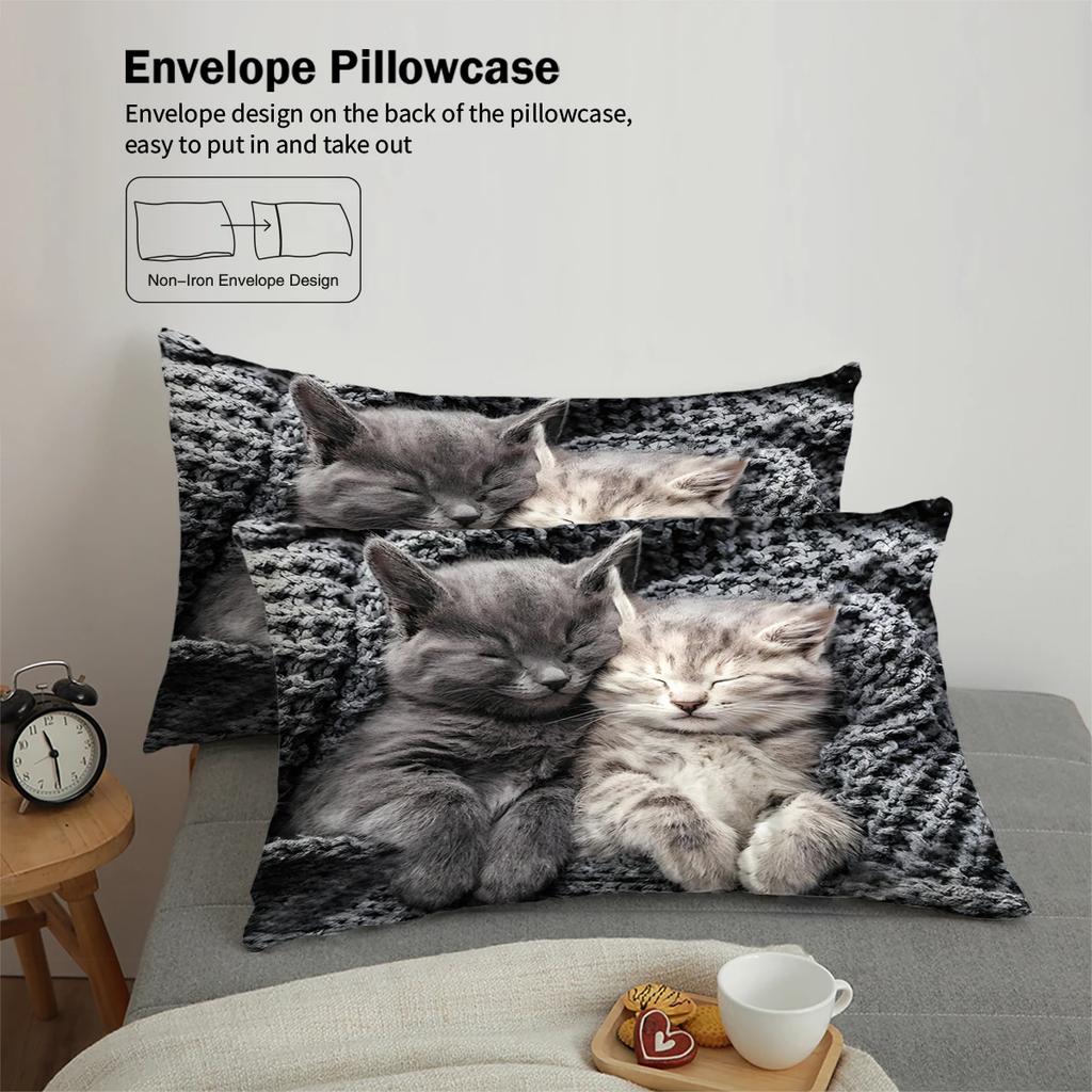 3pcs Couple Style Cute Cat Print 1quilt Cover + 2 Pillowcases, Skin-friendly, Warm, Breathable and Machine Washable, Bedding Set