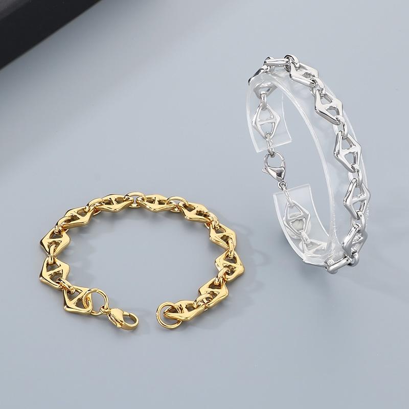 Personalized Versatile Rhombus Day Chain Stainless Steel Bracelet Men Women Shiny Gold Color Jewelry Trendy Accessories Gift