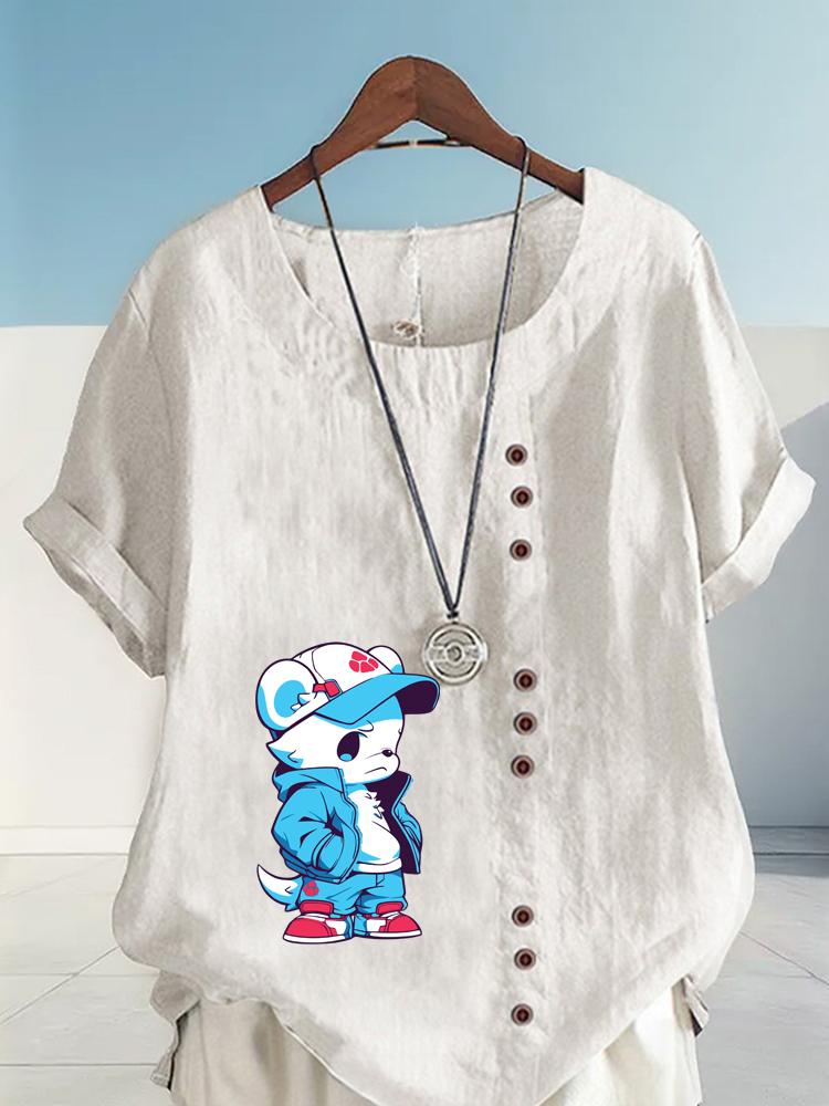 Women's Fashion Blue Bear Print Shot Sleeve T-shirt Loose Cotton Shirt Casual Loose Summer Blouse Tops Plus Size