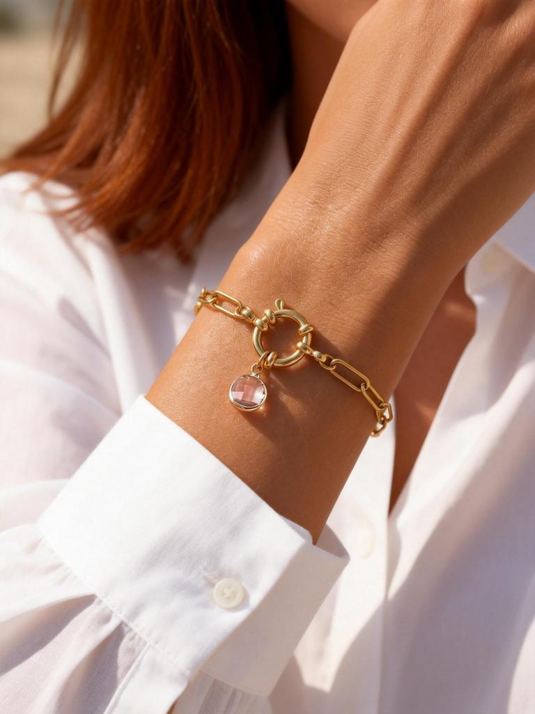 Stainless Steel Paperclip Link Chain Zircon Heart Charms Bracelets for Women, 18K Gold Plated Spring Bubble Clasps Bracelet
