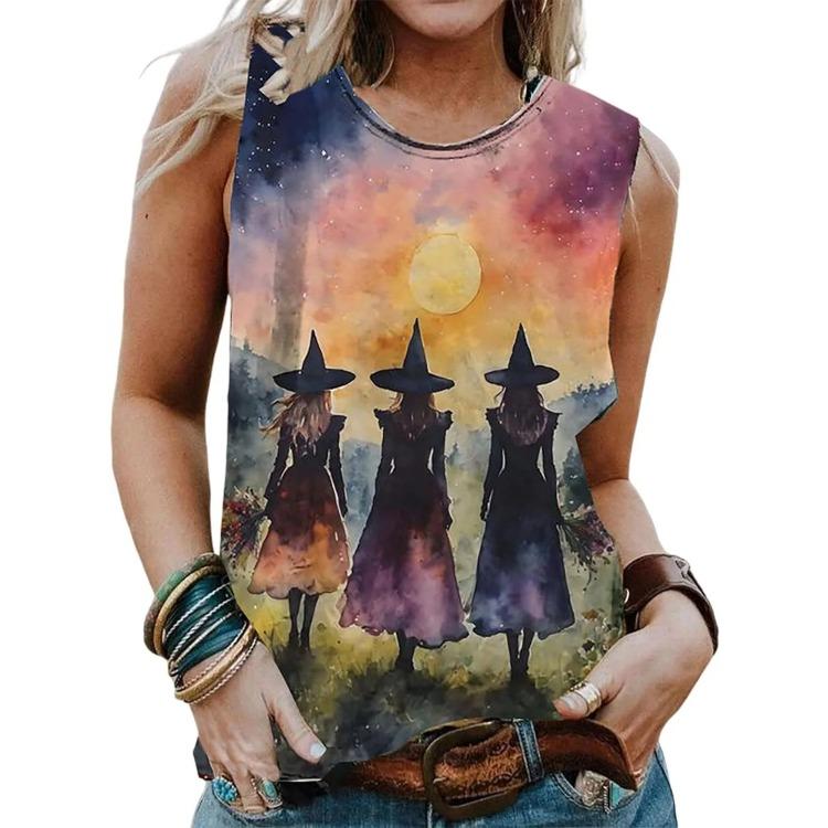 

Летний топ с круглым вырезом и 3D-принтом с узором ведьмы, модный повседневный женский топ-майка без рукавов 5XL