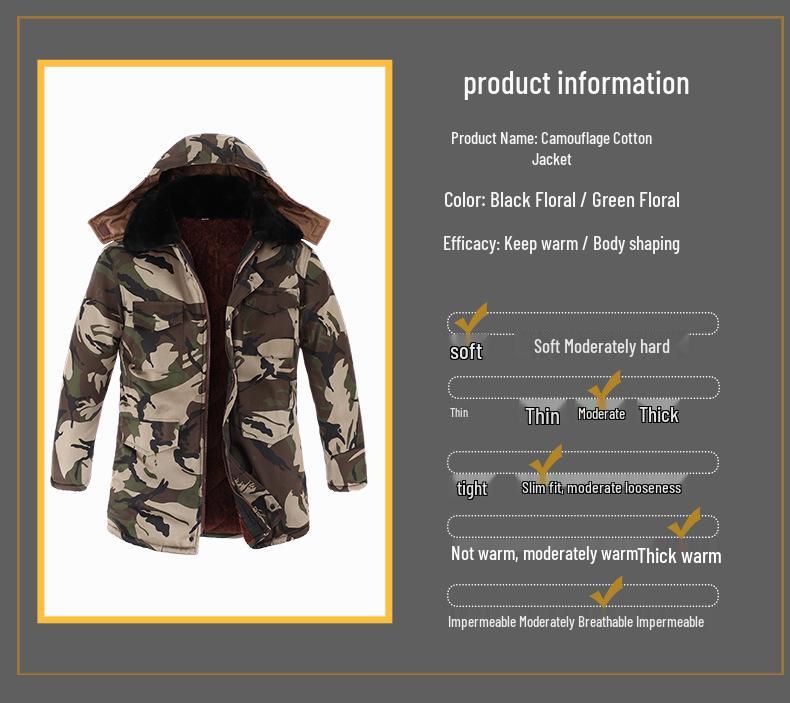 Camouflage Velvet-Padded Winter Work Jacket: Warm, Thick, Mid-Length, Cold-Resistant