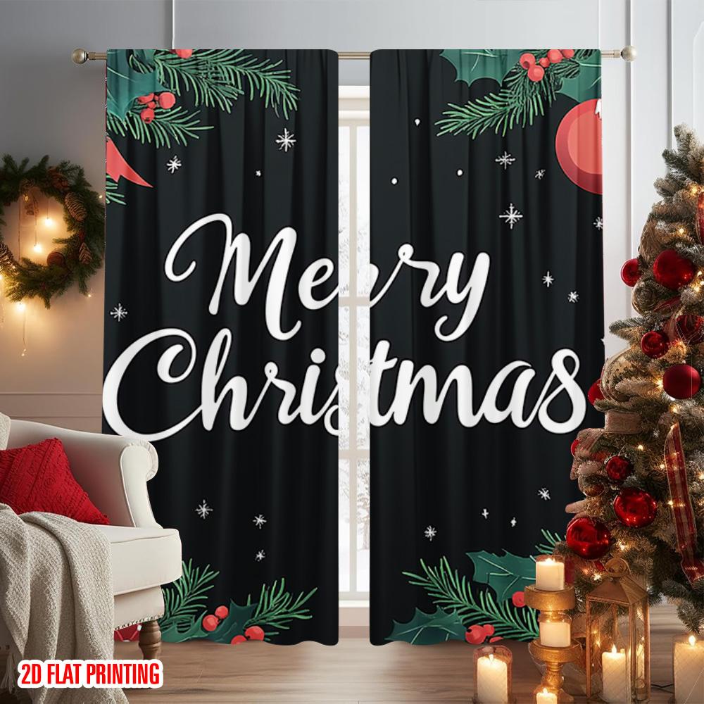2pcs 2D flat printing Merry Christmas Popular Curtain Merry Christmas leaves Versatile 100% Polyester Without Electricity Family