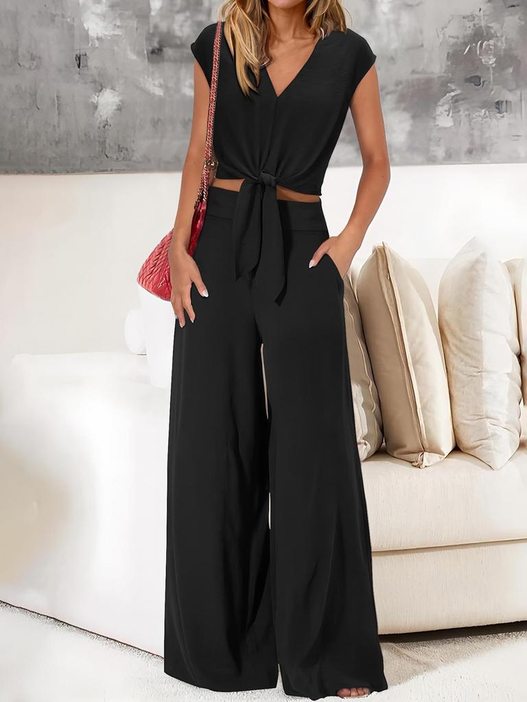 2026 Summer V-neck Lace-up Cropped Wide-leg Pants Set for Women