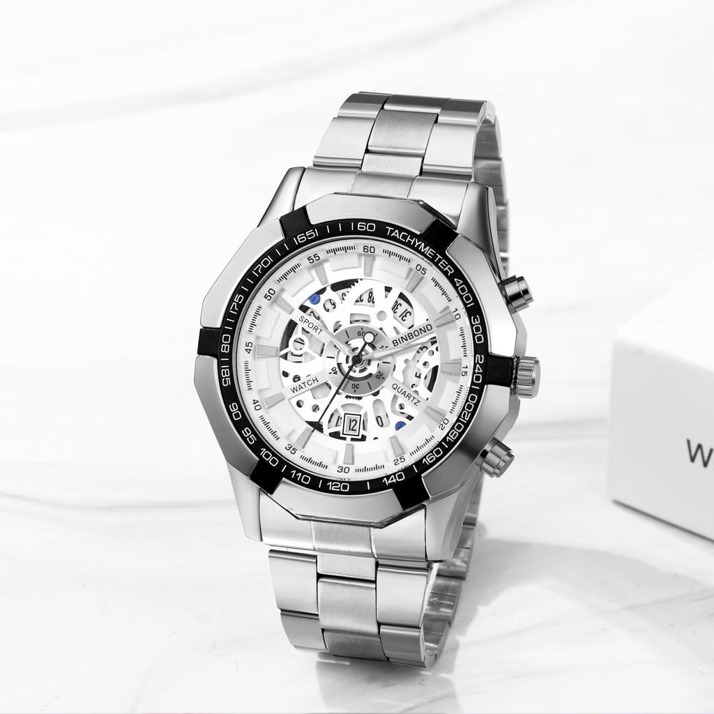 Silver Watch with 3ATM Water Luminous Analog Stainless Stylish Quartz Fashion Accessory Perfect for or As a Boyfriend Gift Men's Calendar, Resistance,