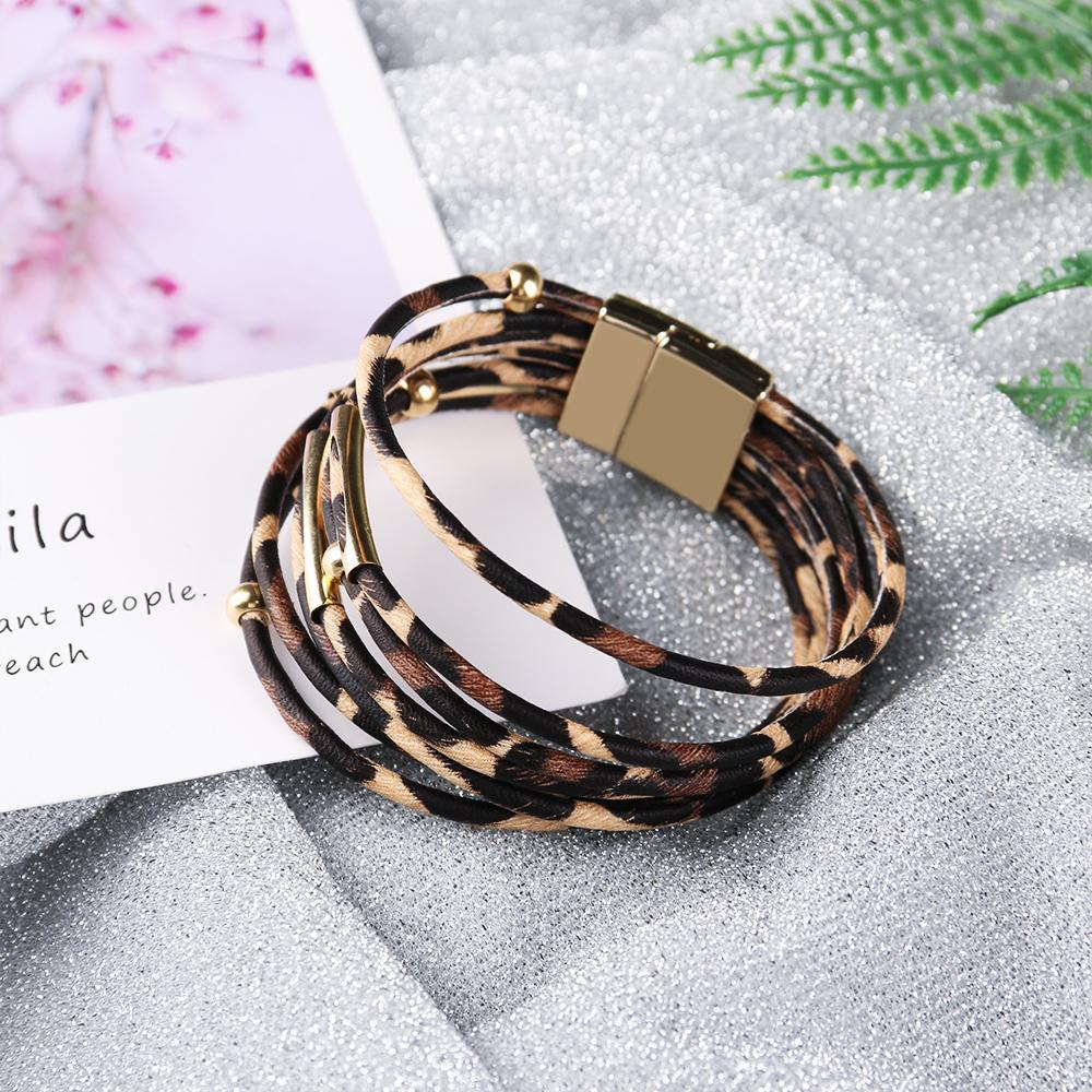 Multilayer  Wide Wristband Leopard Leather Bangle  Bracelets & Bangles Magnetic Clasp Bracelet