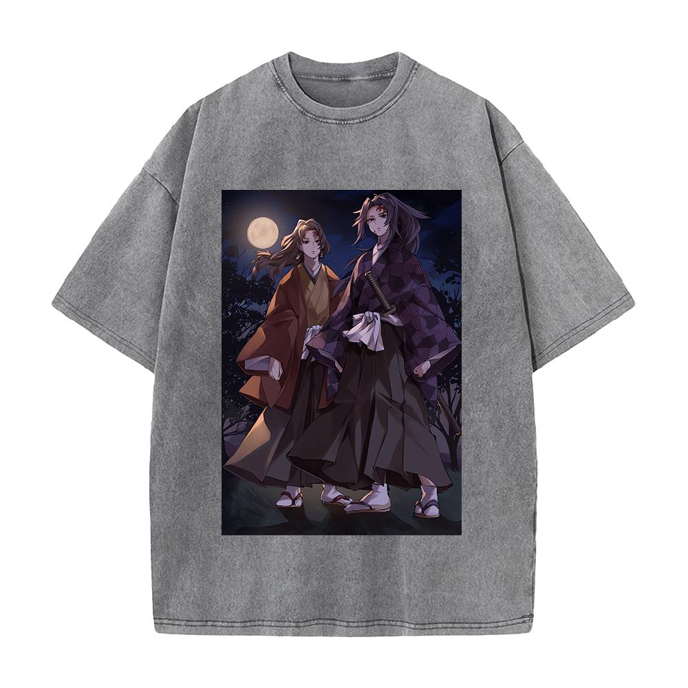 Tsugikuni Yoriichi Kokushibo Print T-shirt Demon Slayer Anime Clothing Men Cotton Tshirts Vintage Washed Tee T Shirt