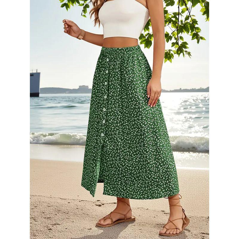 

Bohemian Western Style Small Floral Elastic High Waist Single-Breasted Split Elegant Mid-Length Skirt 5 Colors Size 5 Green S