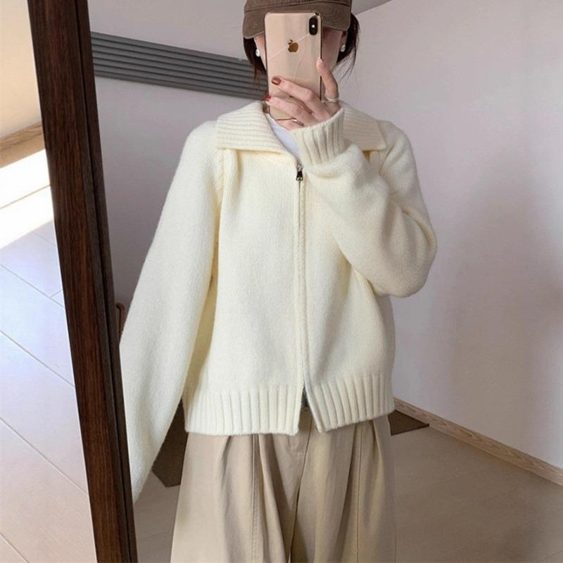 High-end Fashion Lapel Double Zipper Sweater Women's Autumn and Winter New Lazy Style Casual Knitted Cardigan Jacket