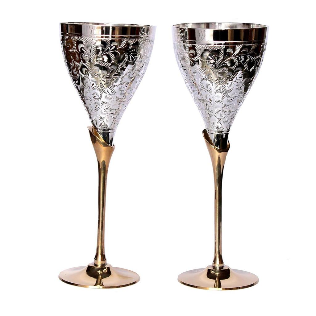 Engraved Copper Plated Brass Wine Goblet Champagne Flutes Coupes Glasses Set of Two - Ideal for Moscow Mule Too (Thick)