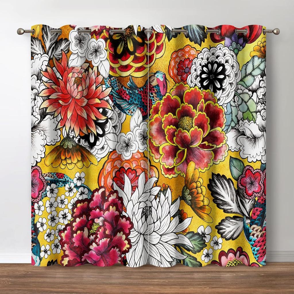 Blumige Verdunkelungsvorhänge, Boho Bunter Blumendruck Dekor für Zuhause Schlafzimmer Wohnzimmer Ösenfenster Verdunkelungsvorhänge