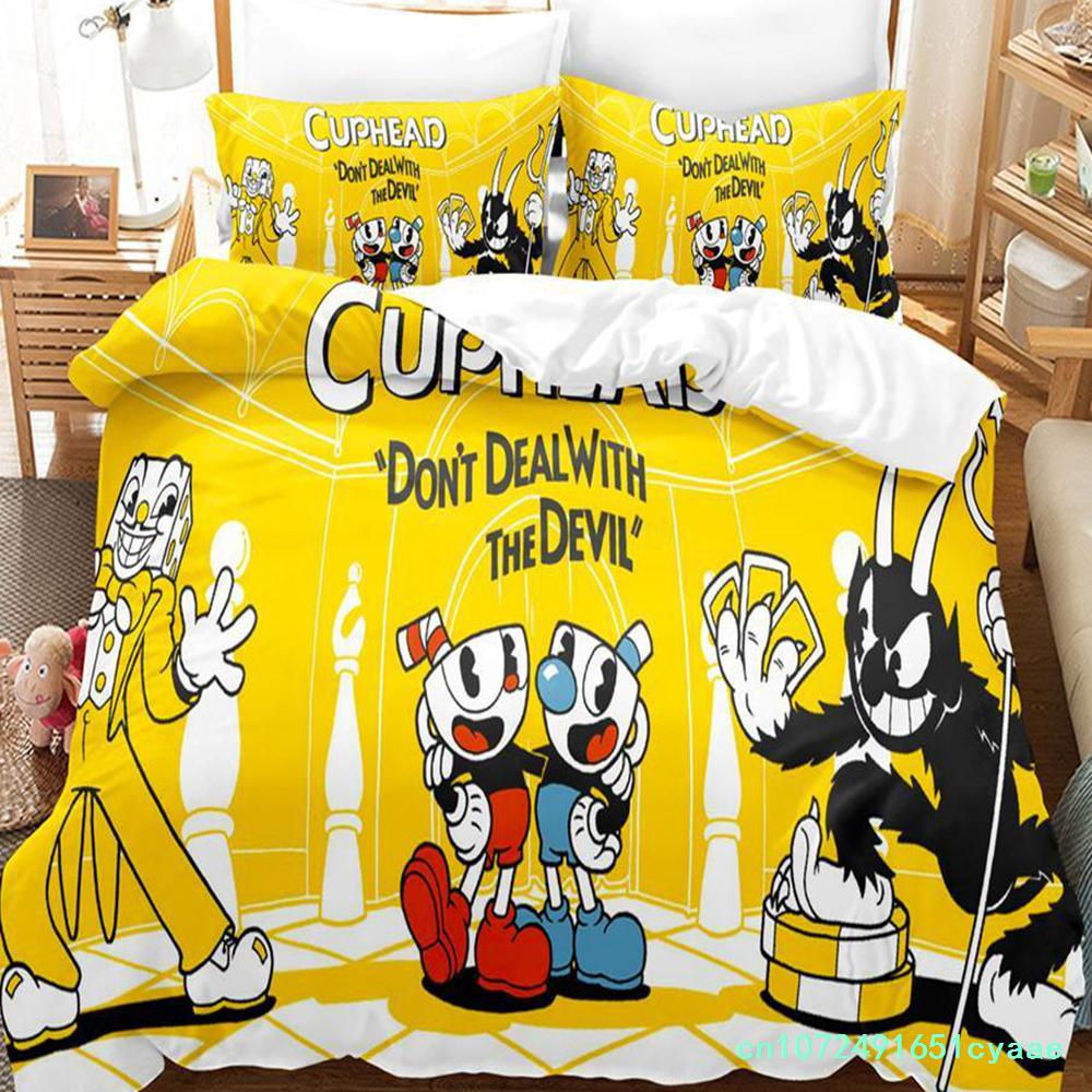 2023 Kawaii Cuphead Mugman Bettwäsche-Set Einzelbett Doppelbett Vollgröße Queen Size King Size Bettwäsche-Sets für Erwachsene Kinder Schlafzimmer Bettbezüge Anime Spiel Bett
