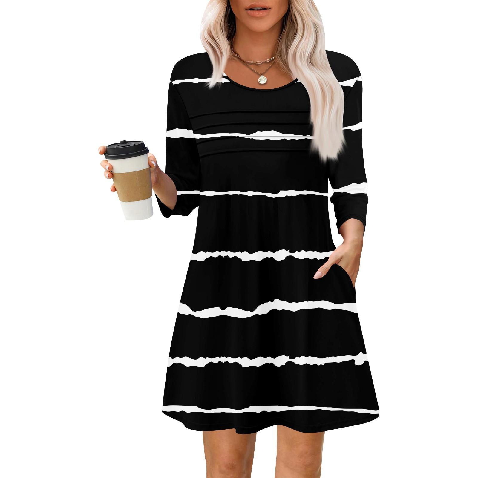 

Женские летние повседневные лепестковые узкие полосатые платья с длинным рукавом и плиссировкой с цветочным принтом L чёрный