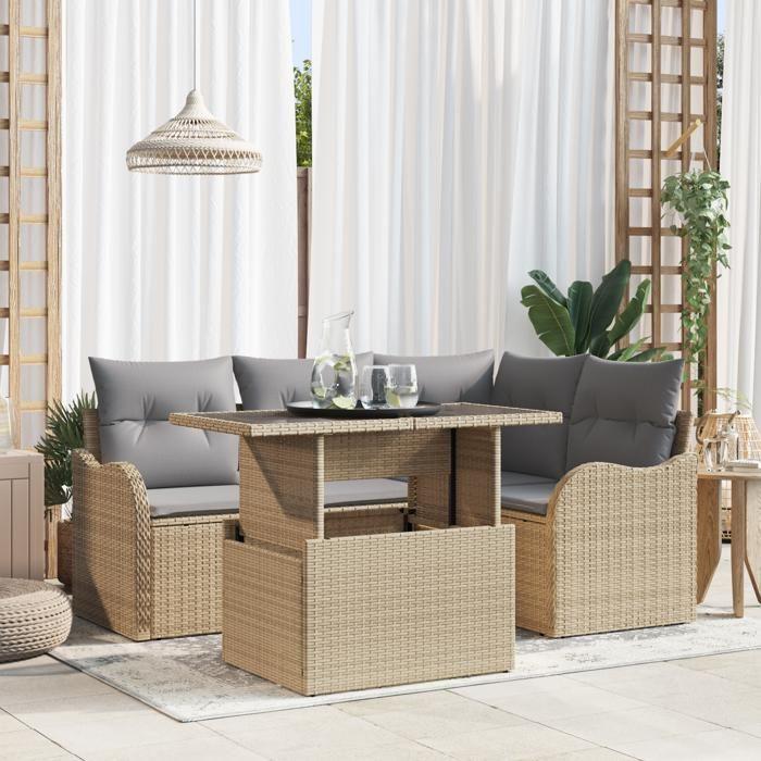 Ensemble de canapés de jardin de 5 pièces avec coussins en poly rotin beige, Canapé de jardin 2 places avec coussins en poly 3348456