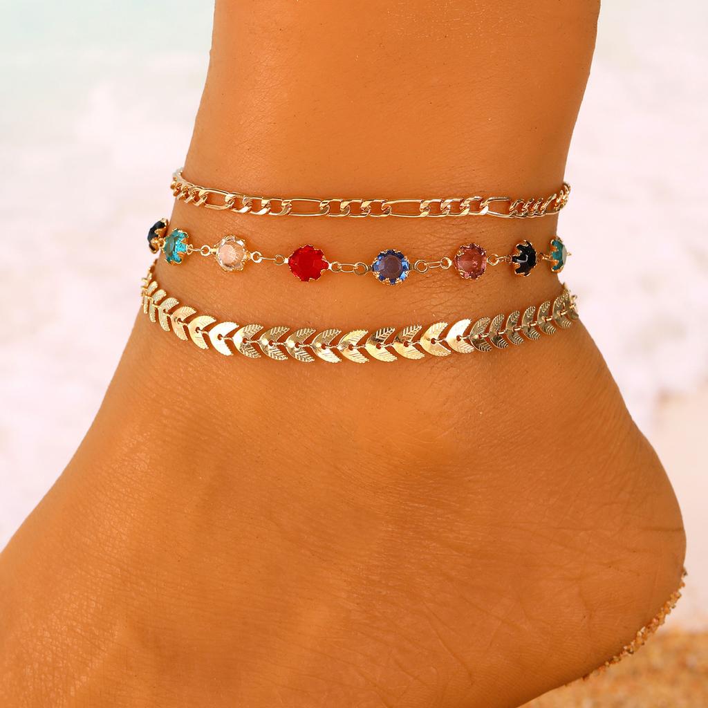 3pcs Set Simple Gold Color Evil Eye Anklets Set for Women Colorful Heart-crystal Chain Multi Layer Anklet Bohemian Beach Jewelry