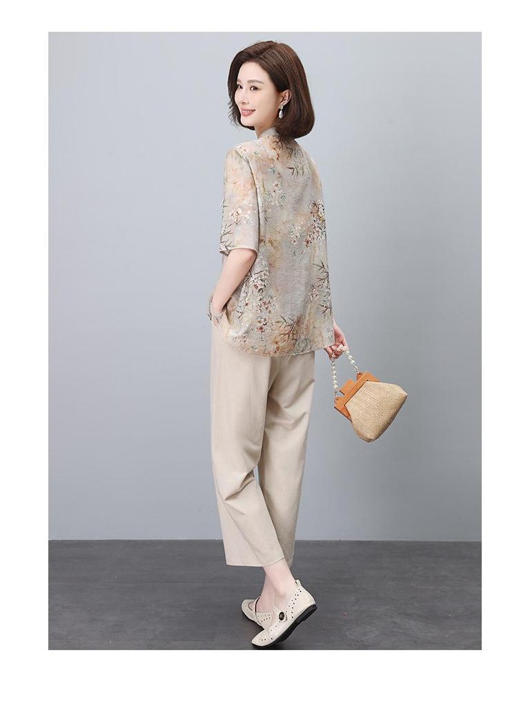 2024 Letní Dámský Národní Styl Bavlněno-Lněný Dvoudílný Set pro Křivky