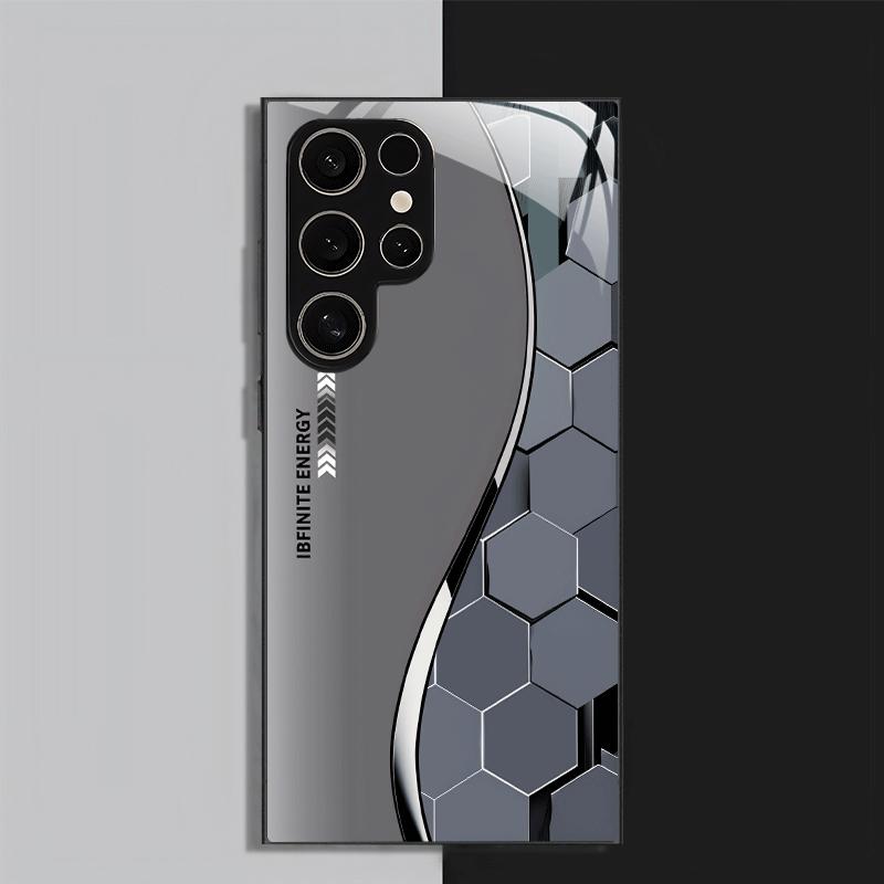 Sidabro pilkas korio rašto juodo grūdinto stiklo telefono dėklas, tinkantis Samsung Galaxy S26 S25 S24 S22 S21 S20FE/Ultra/Plus, apsaugantis nuo kritimo