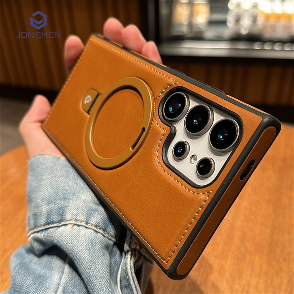 Business Retro Leather Holder Magnetic Case for Samsung Galaxy S25 S24 Ultra S23 S22 Plus Wireless Shockproof Cover for Magsafe