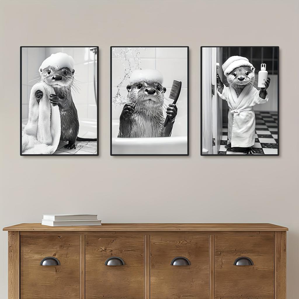 3 Pezzi Lontra Divertente che Fa il Bagno Poster da Bagno su Tela Bianco Nero Lontra Carina Animale Stampa Artistica da Parete per Soggiorno Toilette Decorazioni per la Casa