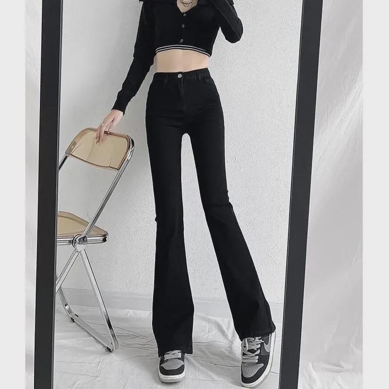 

Черные расклешенные джинсы с высокой талией для женщин — облегающий крой, эластичный, фасон Nine-Point на весну и осень 2022 г. S чёрный