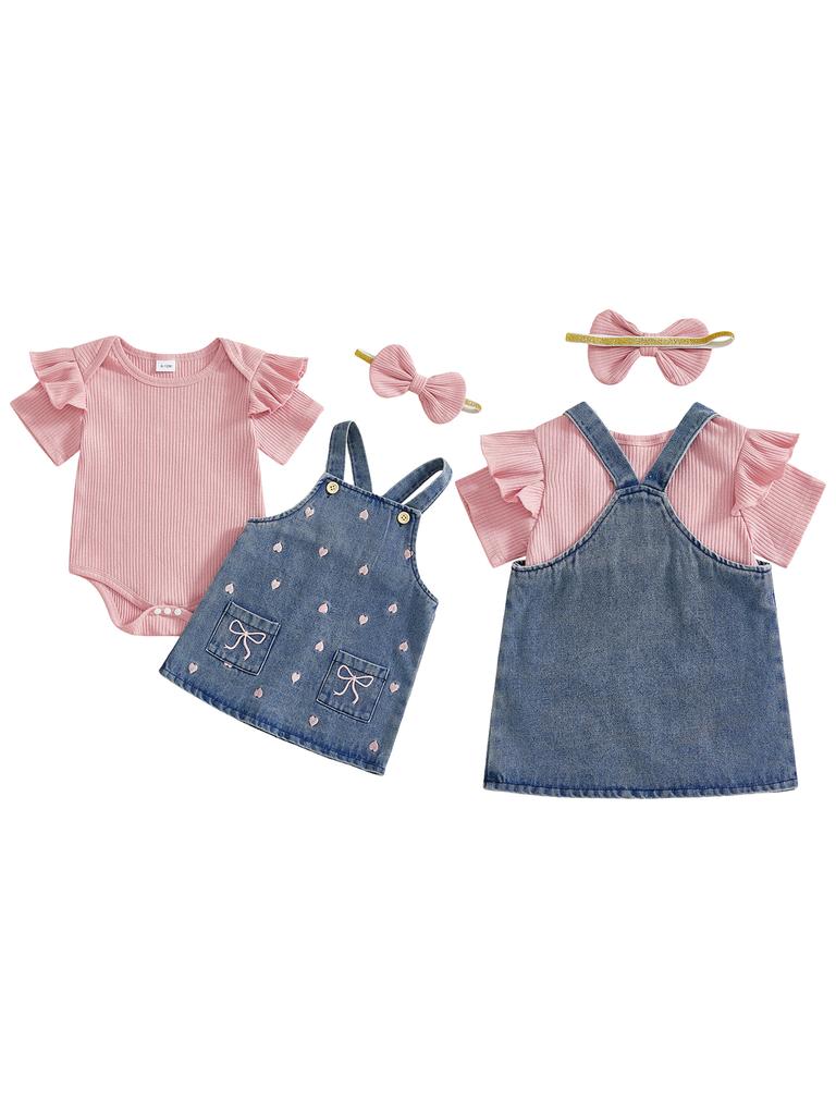 3Pcs Girl Valentine S Outfit Ruffle Short Sleeve Crew Neck Romper Heart Overall Dress and Headband Set
