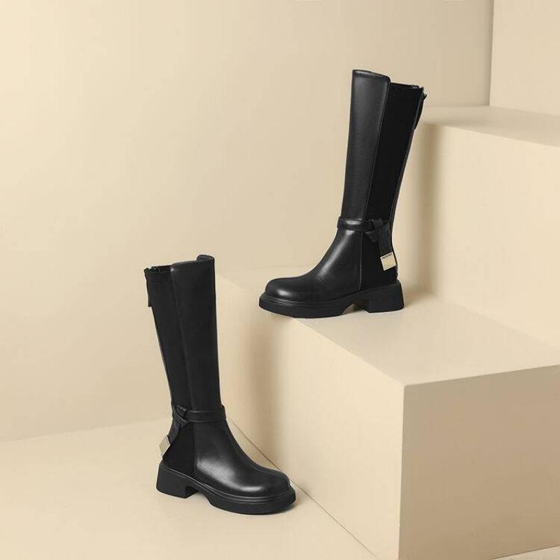 Autumn and Winter Women's Leather High Boots Thick-soled Non-slip Large-size Women's Boots Square Heel Comfortable Rear Zipper New Martin Boots