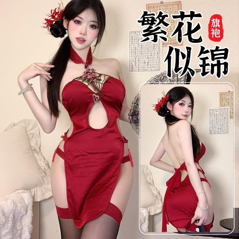 Sex underwear hollow embroidery split cheongsam uniform sexy retro sex cheongsam Republic of China style lady princess