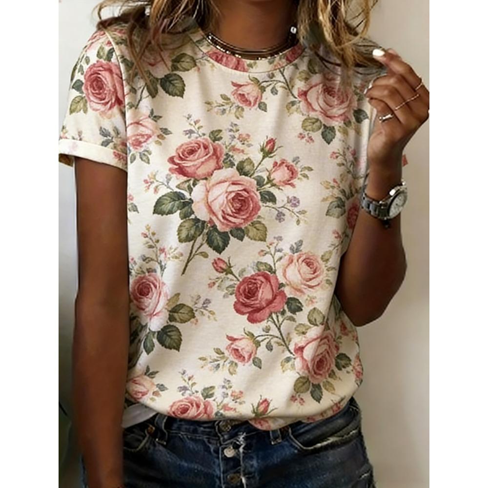 Women s Flower Landscape Pattern Printed Casual T-shirt XS