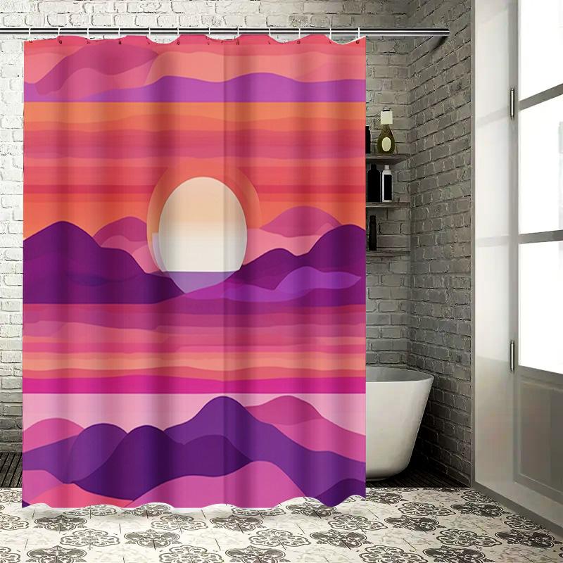 

Sunscape Shower Curtain Modern Stripe Design with Sunset Mountain Print for Bathroom Decorations Purple Pink Orange Colorful Bat 90x180cm