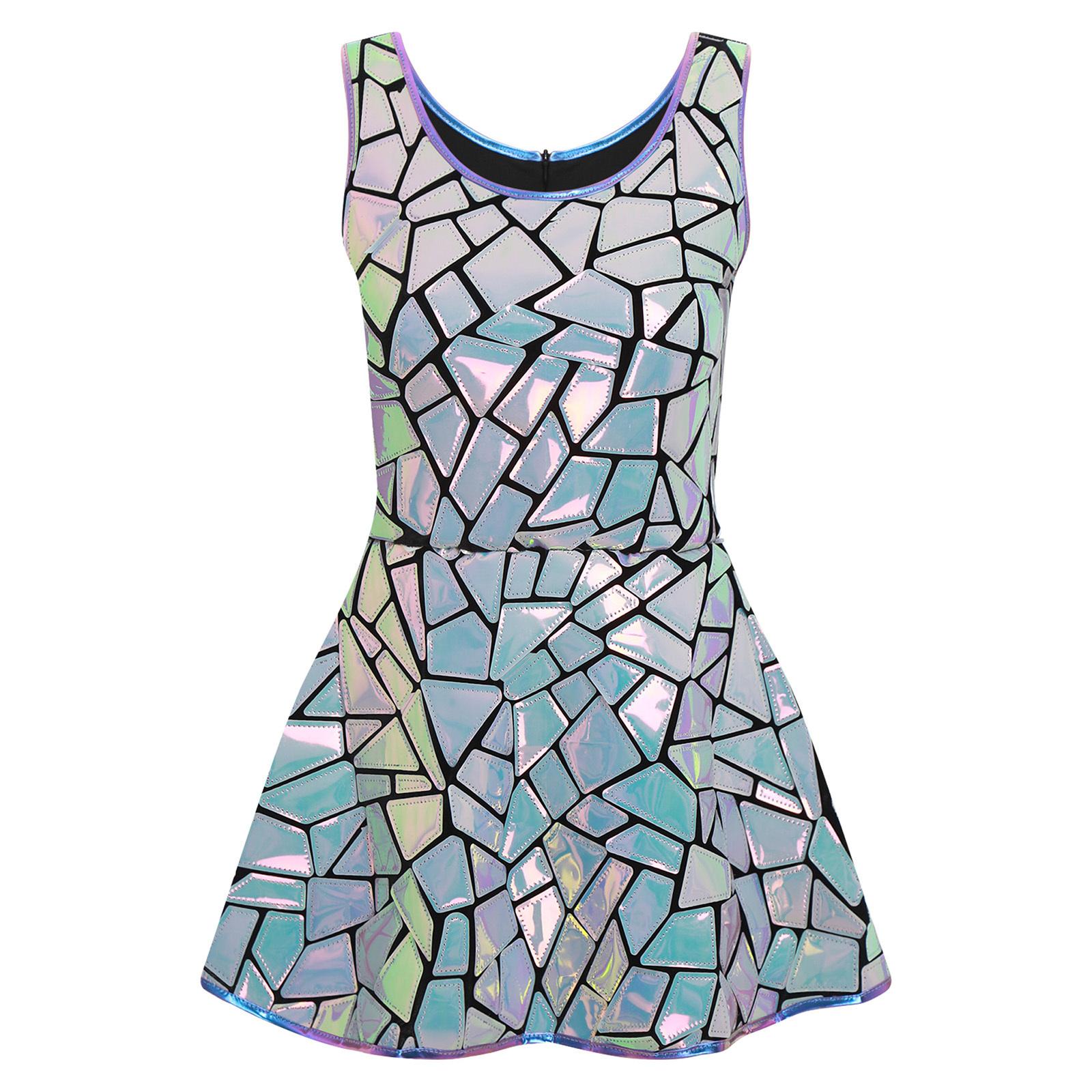 Damen Funkelndes Spiegelkleid Ärmellos A-Linie Kurz Club Bodycon Design Feierpartykleid S blau