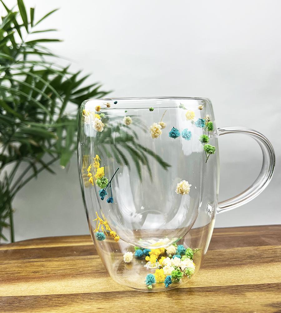 Tasse à café à double paroi de 350 ml avec poignées, tasses à lait transparentes, cadeaux, tasse en verre remplie de fleurs artificielles, tasse à thé