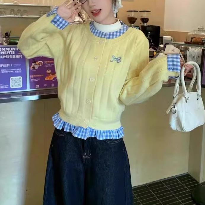 

Arctic velvet washing water, sweet contrasting color knitted cardigan women s autumn and winter fake two-piece bow embroidered sweater jacket ins one size fits all