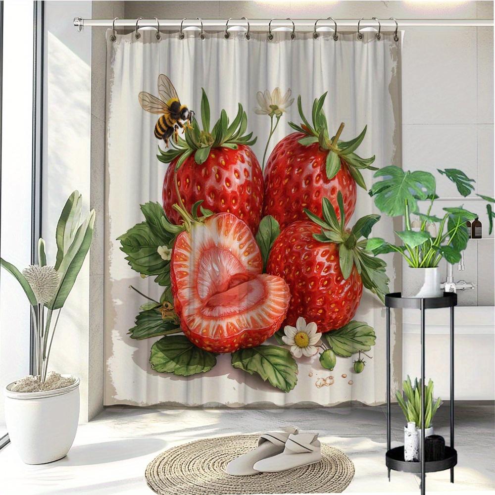 3D Strawberry & Bee Shower Curtain - Waterproof, Mildew-Resistant With Fresh Fruit Design For Fun And Vibrant Bathroom Decor