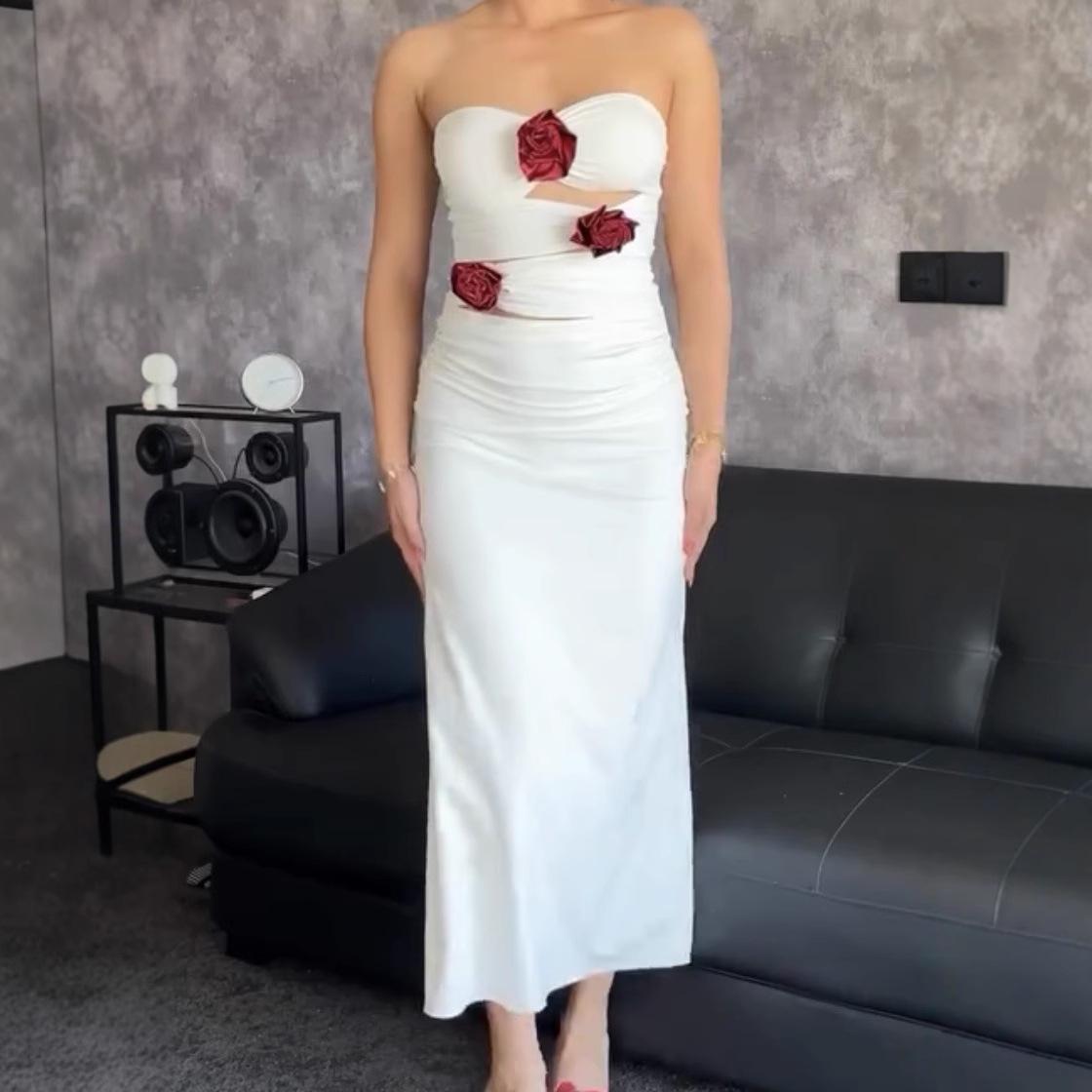 

European and American Sexy Strapless 3D Floral Waist Dress M білий