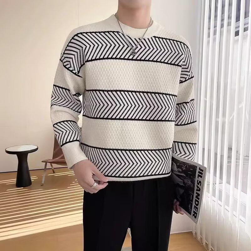 2024 herbst und Winter Trendy Männer Neue Casual Gestreiften Farbe Passenden Langarm Pullover Pullover