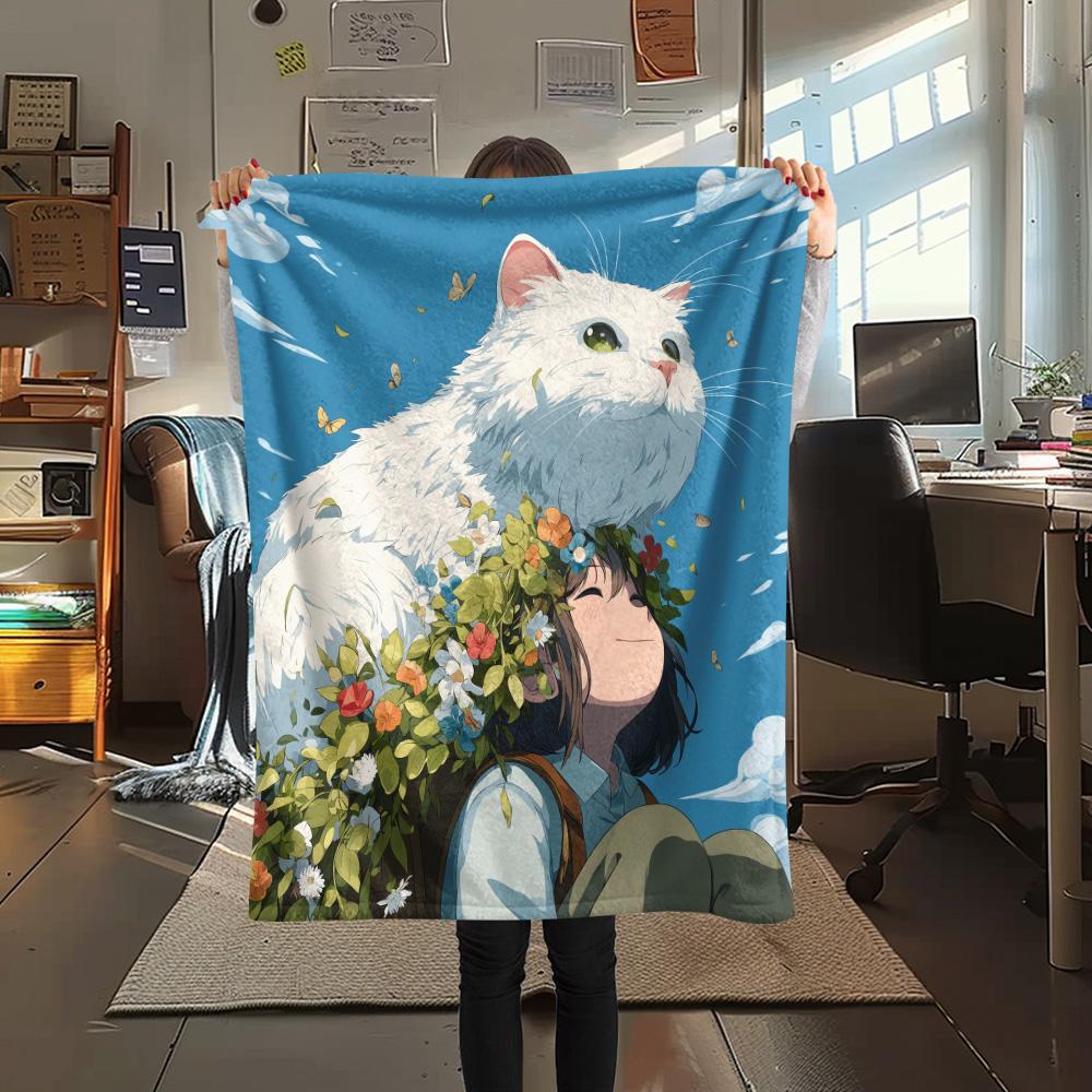 Cat Women Print Flannel Blanket, High quality Comfortable for All Seasons, Home Decor, Warmth and Comfort