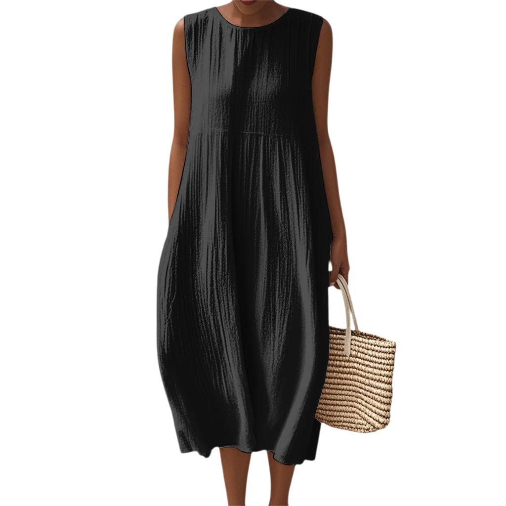 Women's Fashion Casual Sleeveless Round Neck Solid Color Elegant Temperament Dress
