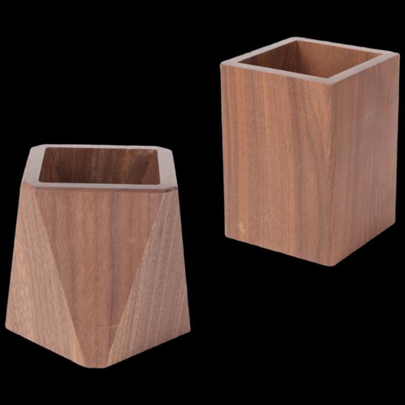 Black Walnut Wooden Square Desk Pen Holder