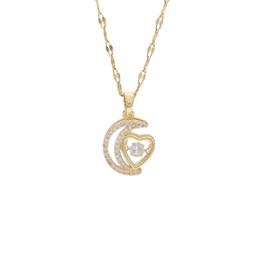 Titanium Steel Moon and Heart Zircon Pendant Necklace for Women