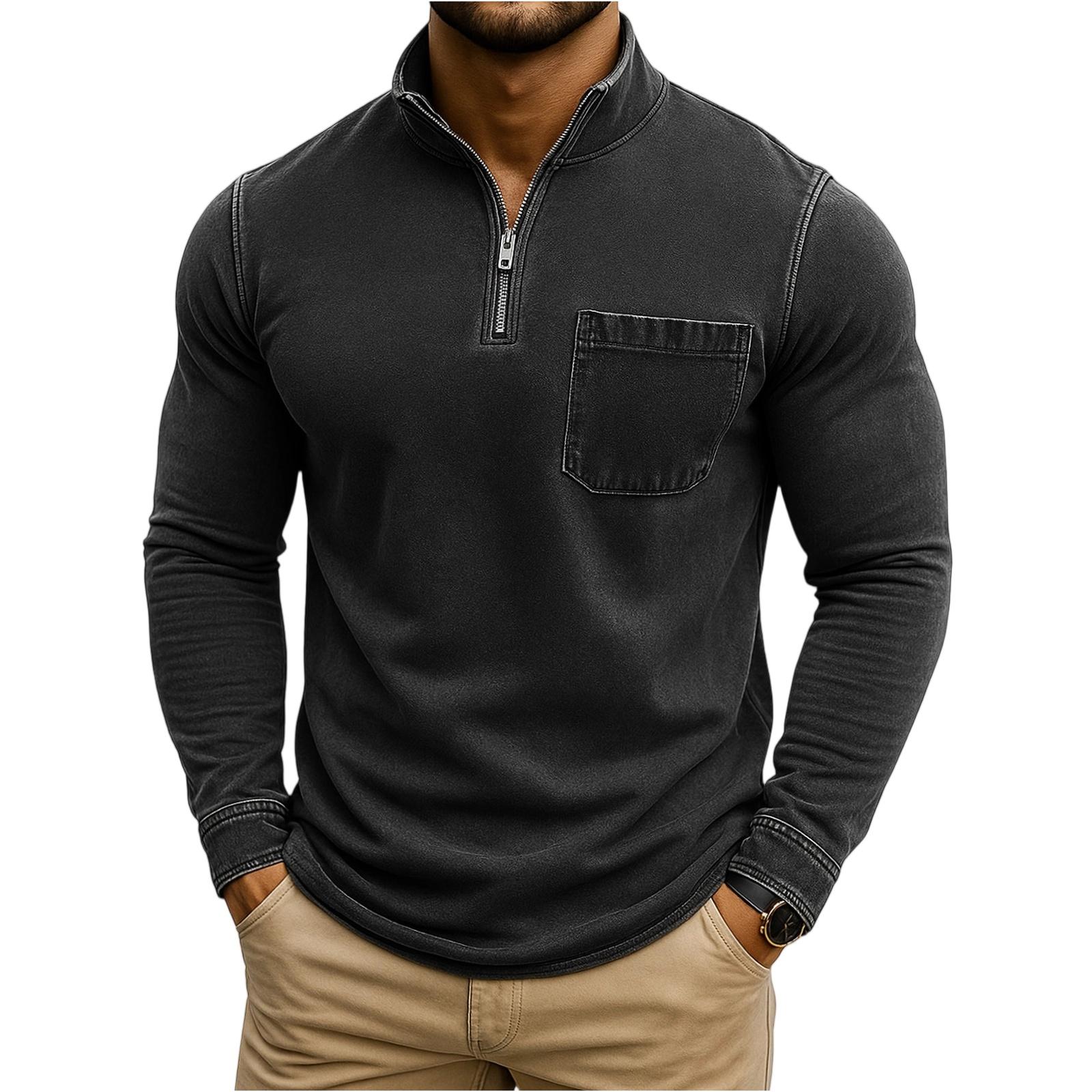 

Men s Fashion Solid Color Retro Casual Washed Outdated Quarter Zipper Pocket Long Sleeve T-shirt Top S
