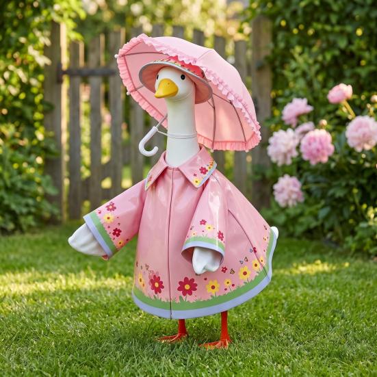 1 Set Porch Goose Outfit Waterproof Goose Raincoat Hat And Umbrella Summer Goose Floral Costume Fits 23 Inch Lawn Goose Statue Outdoor Decor Garden