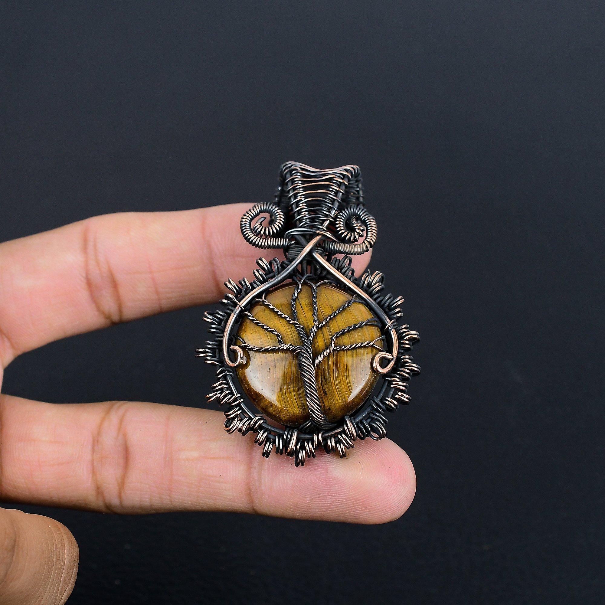 

Кулон из Тигрового глаза, обернутый медной проволокой 999 пробы, Кулон из драгоценного камня ручной работы, Подарок для мамы, Антикварные украшения 2.25 Inches