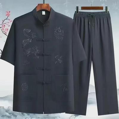 Men's Summer Tang Suit: Short-Sleeve Stand Collar - Lightweight Ice Silk Cotton & Linen for Middle-Aged and Elderly.